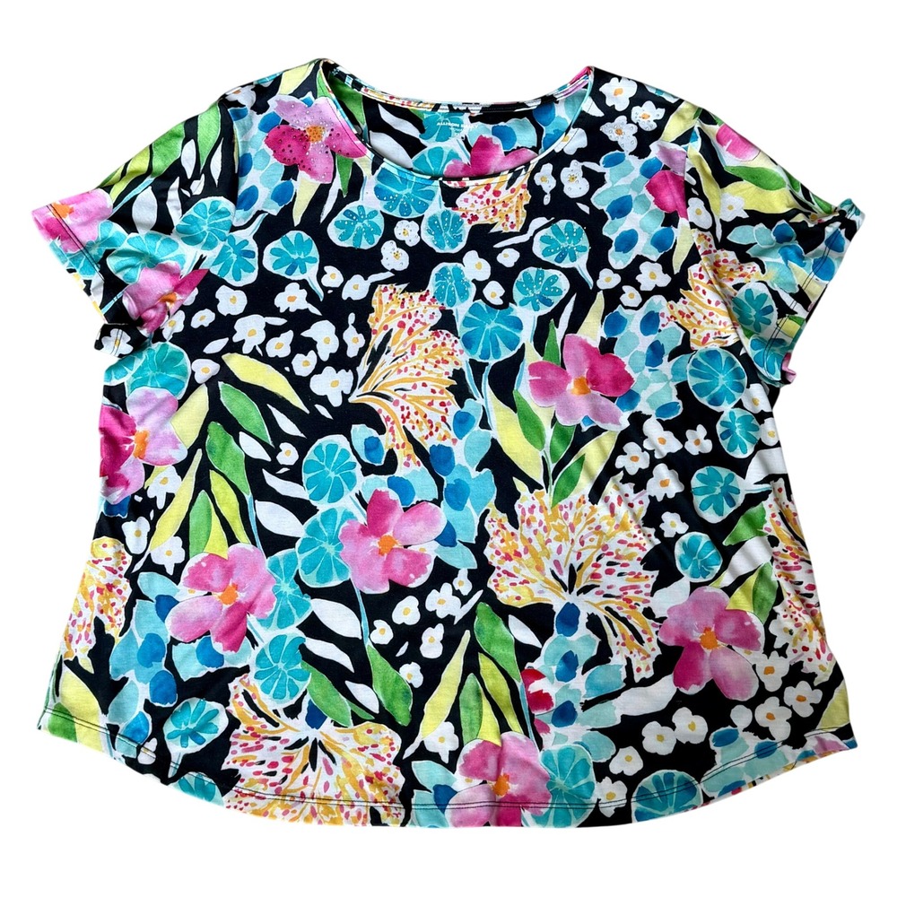 Allison Daley Tropical Floral Rhinestone Accent Top